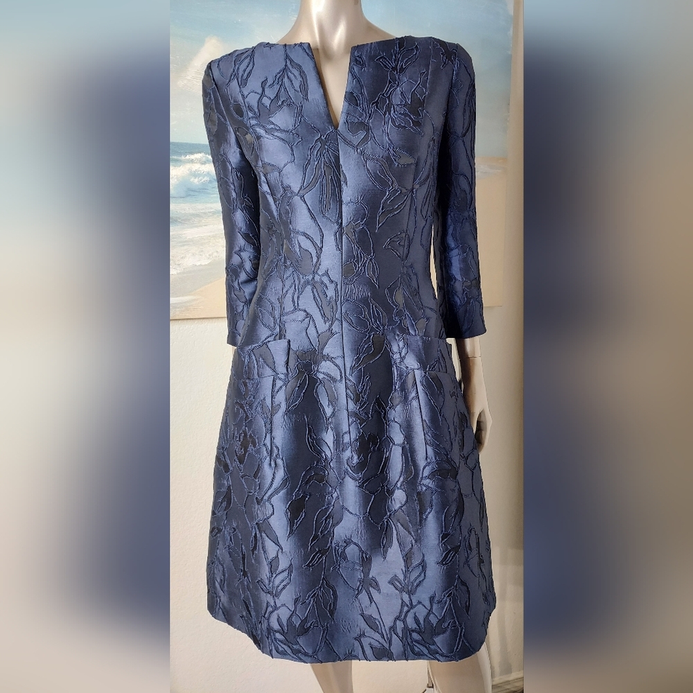 $2,590 OSCAR DE LA RENTA NEW NAVY FLORAL EMBROID SILK BLEND MIDI DRESS US 6